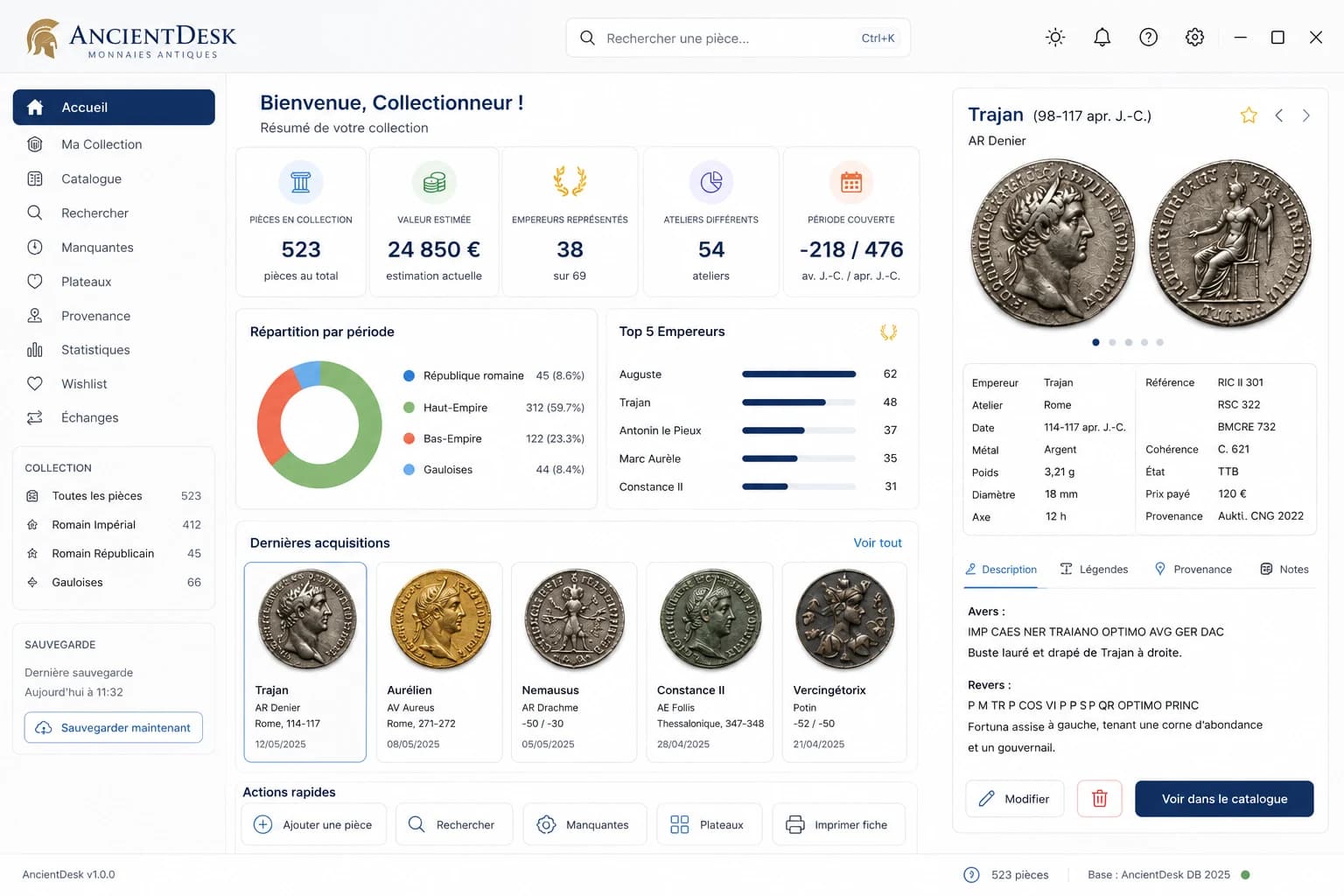 Tableau de bord d’AncientDesk : statistiques de la collection, dernières acquisitions et panneau de détail d’une monnaie