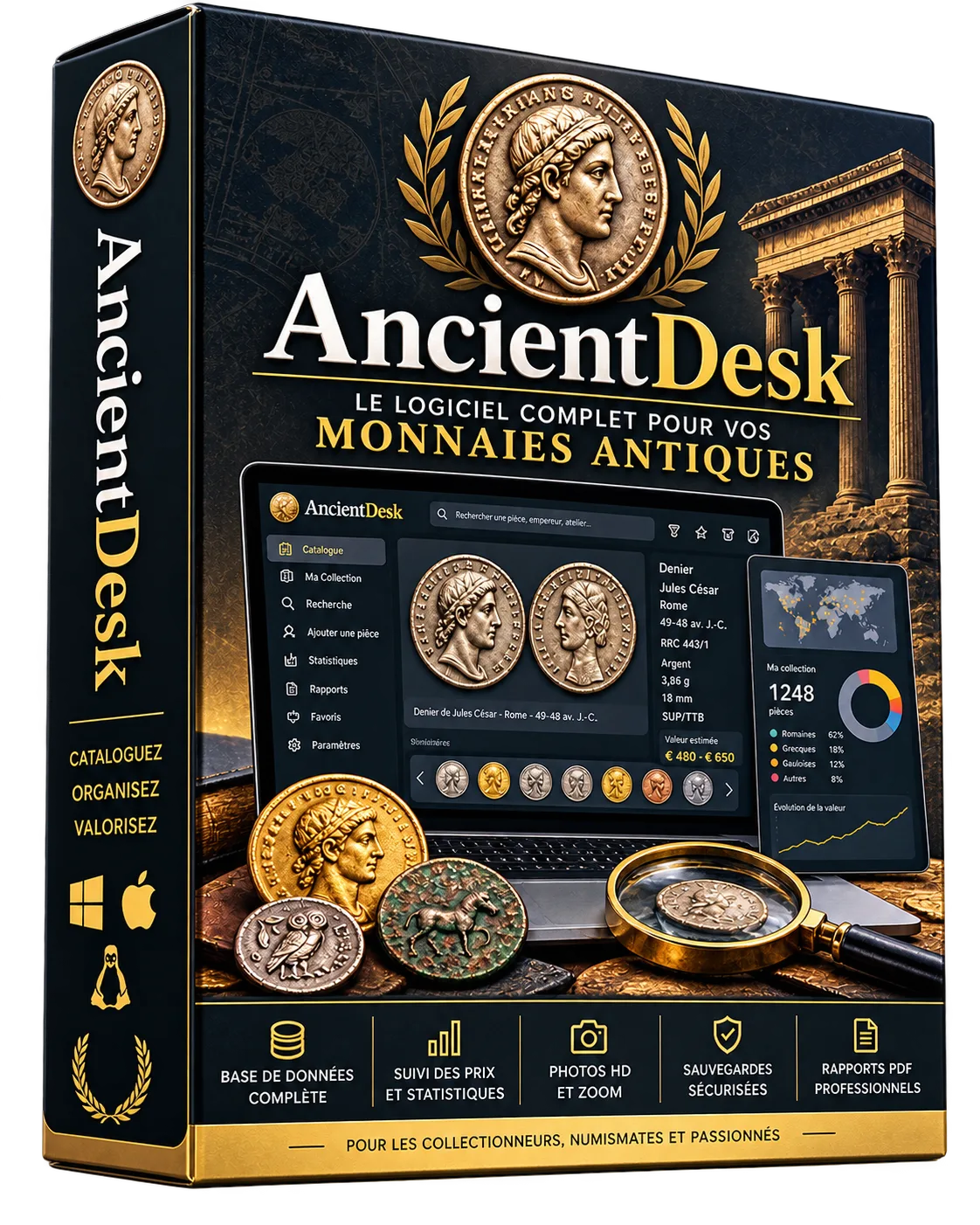 Coffret du logiciel AncientDesk, éditeur de catalogue de monnaies antiques pour Windows.