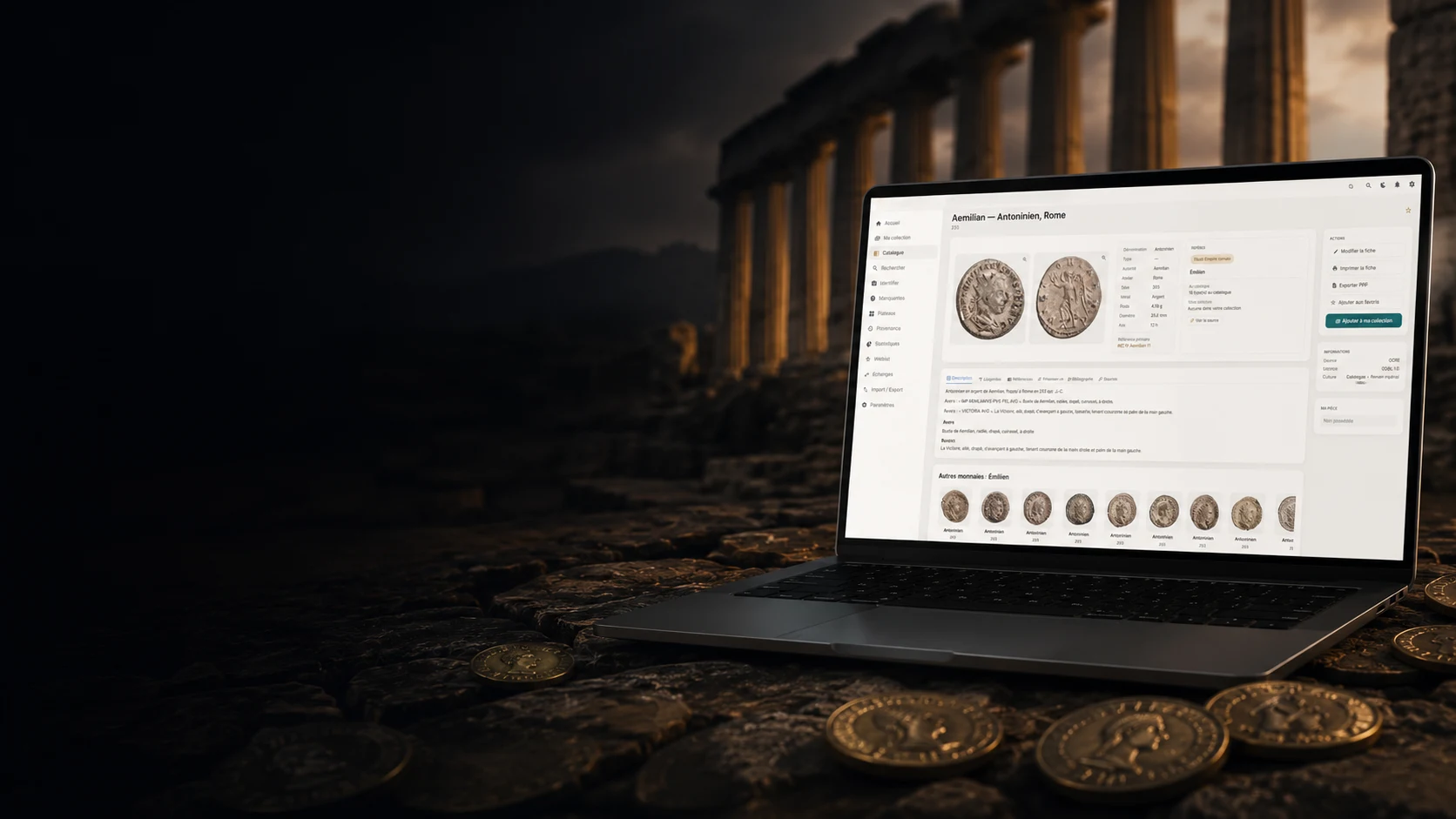 AncientDesk shown on a laptop, in front of ancient columns and Roman coins