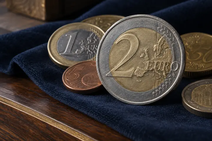 Euro coins including a two-euro coin